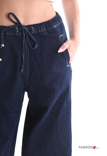Calças de ganga em Algodão denim wide leg longo com bolsos com cordão - ph 4