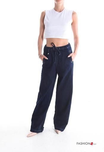 Calças de ganga em Algodão denim wide leg longo com bolsos com cordão - ph 5