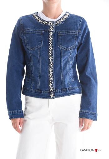 denim crew neck Cotton Jacket with buttons with rhinestones with pockets - ph 1