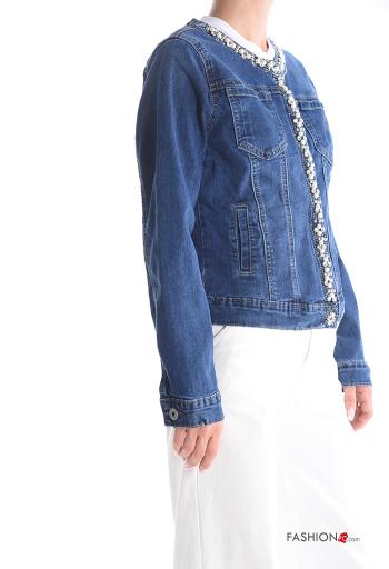 denim crew neck Cotton Jacket with buttons with rhinestones with pockets - ph 3