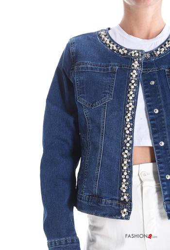 denim crew neck Cotton Jacket with buttons with rhinestones with pockets - ph 4