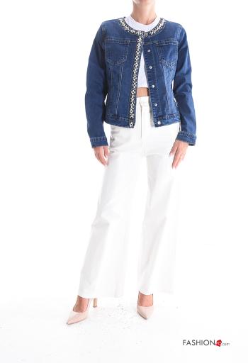 denim crew neck Cotton Jacket with buttons with rhinestones with pockets - ph 5
