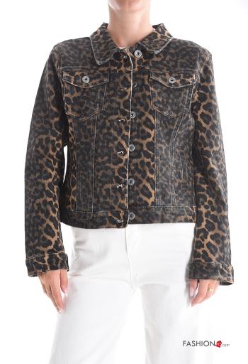 Animal print with collar Cotton Jacket with buttons with pockets