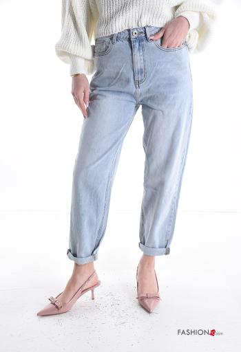 Jeans in Cotone denim con tasche con bottoni con zip