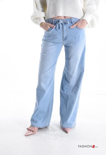 Denim wide leg Jeans aus Baumwolle mit Knöpfen mit Reißverschluss mit Schleife mit Taschen - ph 1