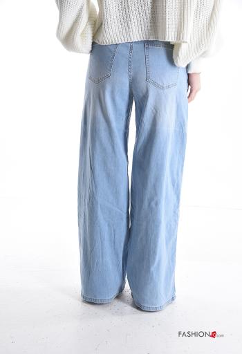 Denim wide leg Jeans aus Baumwolle mit Knöpfen mit Reißverschluss mit Schleife mit Taschen - ph 2