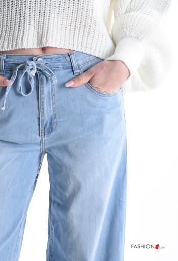 Denim wide leg Jeans aus Baumwolle mit Knöpfen mit Reißverschluss mit Schleife mit Taschen - ph 4