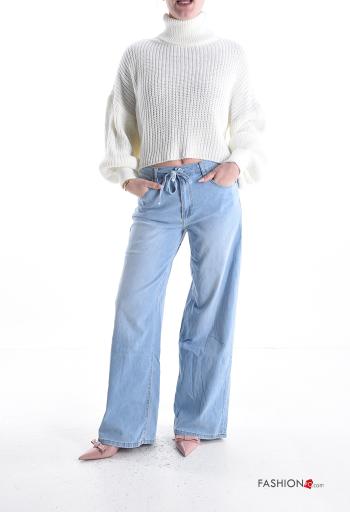 Denim wide leg Jeans aus Baumwolle mit Knöpfen mit Reißverschluss mit Schleife mit Taschen - ph 5