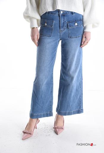 Denim wide leg Jeans aus Baumwolle mit Knöpfen mit Reißverschluss mit Taschen