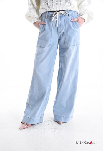 denim wide leg Cotton Jeans with buttons with string with pockets - ph 1