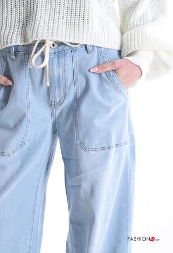 denim wide leg Cotton Jeans with buttons with string with pockets - ph 4