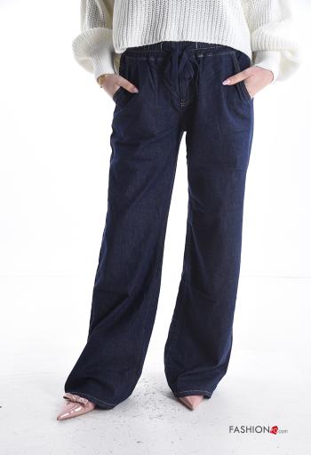 Denim wide leg Jeans aus Baumwolle mit Taschen mit gummizug mit kordelzug - ph 1