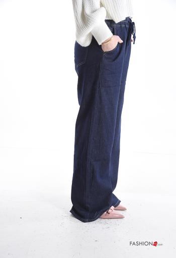 Denim wide leg Jeans aus Baumwolle mit Taschen mit gummizug mit kordelzug - ph 3