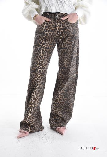 Tiermuster wide leg lange Jeans aus Baumwolle mit Knöpfen mit Reißverschluss mit Taschen - ph 1