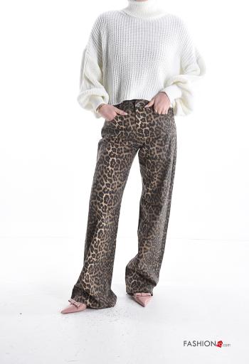 Tiermuster wide leg lange Jeans aus Baumwolle mit Knöpfen mit Reißverschluss mit Taschen - ph 5