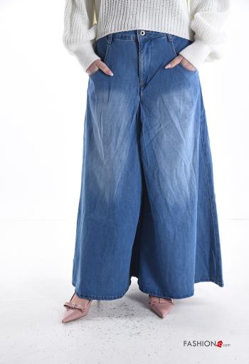 denim wide leg Cotton Jeans with buttons with pockets - ph 1