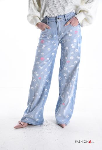 Patterned wide leg Cotton Jeans with buttons with zip with pockets