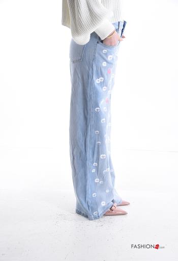 Patterned wide leg Cotton Jeans with buttons with zip with pockets - ph 3