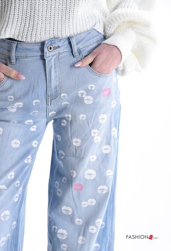 Patterned wide leg Cotton Jeans with buttons with zip with pockets - ph 4