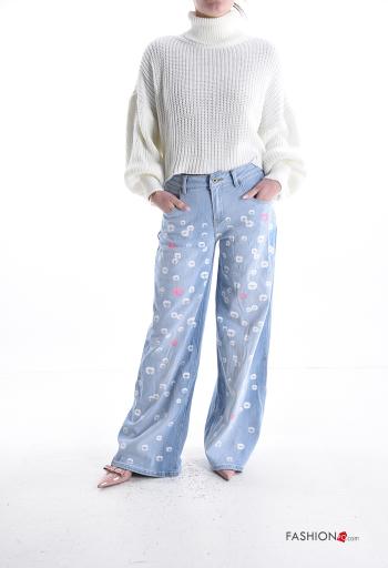 Patterned wide leg Cotton Jeans with buttons with zip with pockets - ph 5