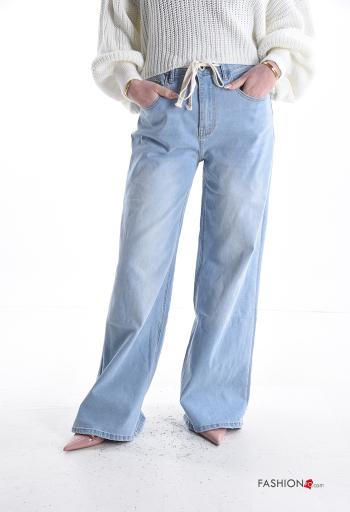 Denim wide leg Jeans aus Baumwolle mit Knöpfen mit seil mit Reißverschluss mit Taschen