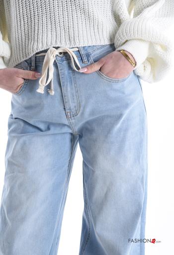 Denim wide leg Jeans aus Baumwolle mit Knöpfen mit seil mit Reißverschluss mit Taschen - ph 4