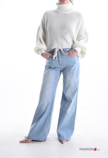 Denim wide leg Jeans aus Baumwolle mit Knöpfen mit seil mit Reißverschluss mit Taschen - ph 5