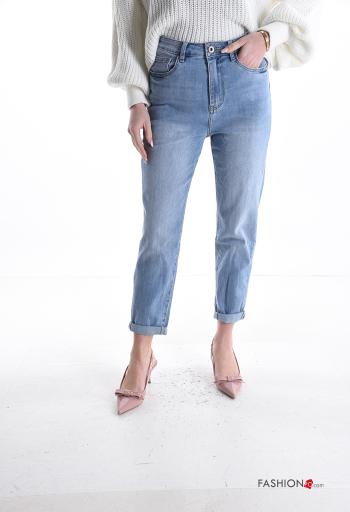 hoher Taille Jeans aus Baumwolle mit Knöpfen mit Reißverschluss mit Taschen - ph 1