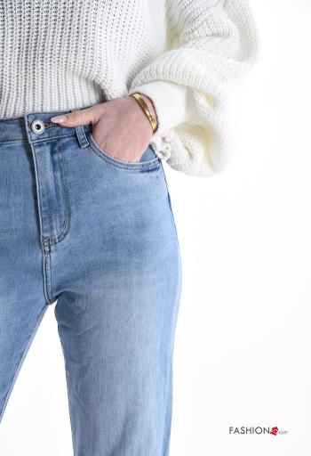 hoher Taille Jeans aus Baumwolle mit Knöpfen mit Reißverschluss mit Taschen - ph 4