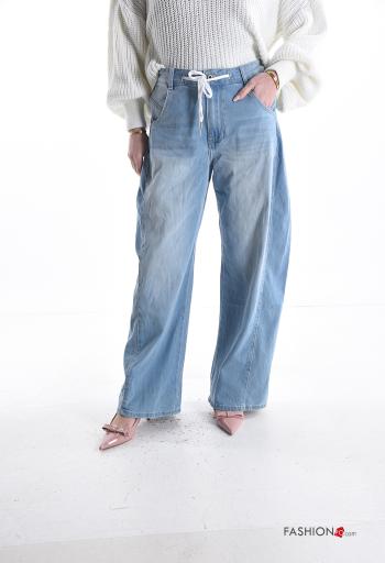 denim wide leg Cotton Jeans with string with zip with buttons with pockets - ph 1
