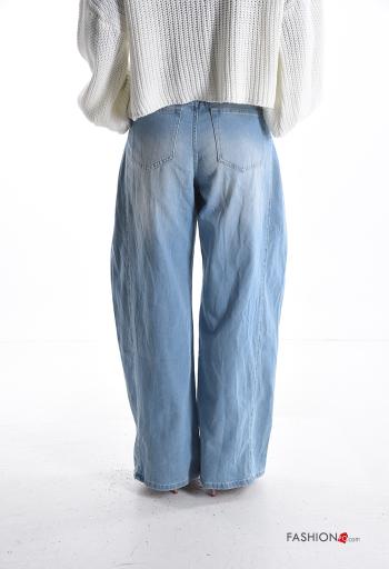 denim wide leg Cotton Jeans with string with zip with buttons with pockets - ph 2