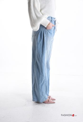 denim wide leg Cotton Jeans with string with zip with buttons with pockets - ph 3