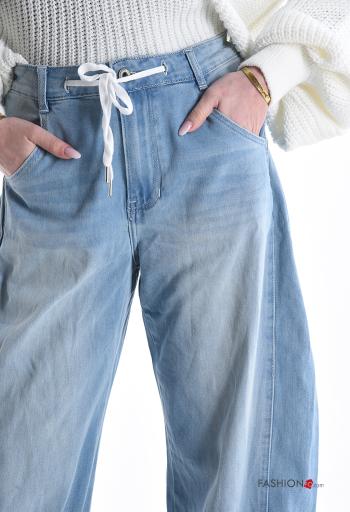 denim wide leg Cotton Jeans with string with zip with buttons with pockets - ph 4