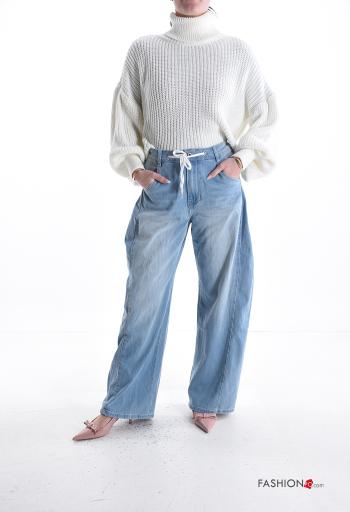 denim wide leg Cotton Jeans with string with zip with buttons with pockets - ph 5