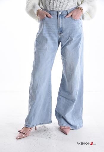 Denim wide leg Jeans aus Baumwolle mit Knöpfen mit Reißverschluss mit Taschen - ph 1