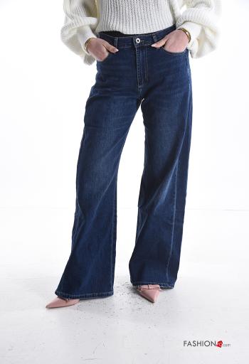 denim wide leg Cotton Jeans with buttons with zip with pockets - ph 1