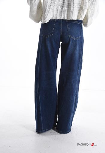 denim wide leg Cotton Jeans with buttons with zip with pockets - ph 2