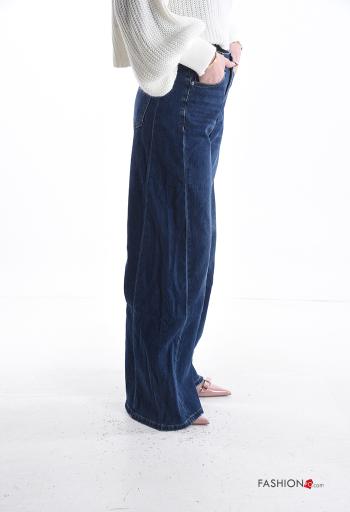 denim wide leg Cotton Jeans with buttons with zip with pockets - ph 3