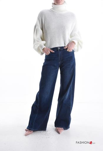 denim wide leg Cotton Jeans with buttons with zip with pockets - ph 5