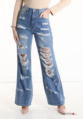 high waist wide leg Cotton Jeans with pockets