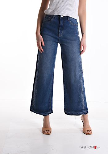 Jeans en Coton wide leg avec poches avec strass