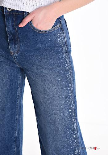 wide leg Cotton Jeans with pockets with rhinestones - ph 4
