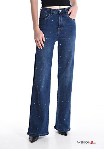 high waist Cotton Jeans with pockets with rhinestones