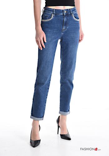 Jeans in Cotone con tasche con strass