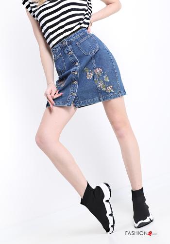 Embroidered denim Cotton Mini skirt with buttons with pockets - ph 1