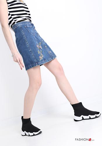 Embroidered denim Cotton Mini skirt with buttons with pockets - ph 3