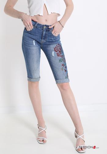 Cropped Trousers in Cotton  with pockets denim Floral print - ph 1