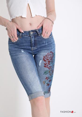 Cropped Trousers in Cotton  with pockets denim Floral print - ph 4
