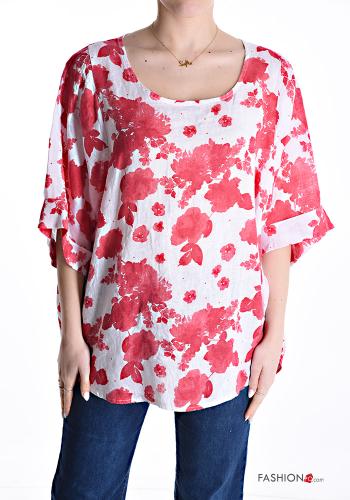 Blumenmuster Oversize u-boot ausschnitt Bluse aus Leinen 3/4 ärmel - ph 1