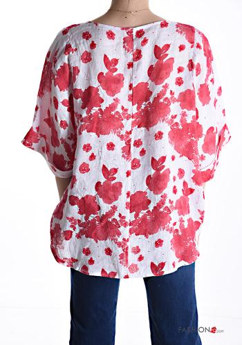 Blumenmuster Oversize u-boot ausschnitt Bluse aus Leinen 3/4 ärmel - ph 2